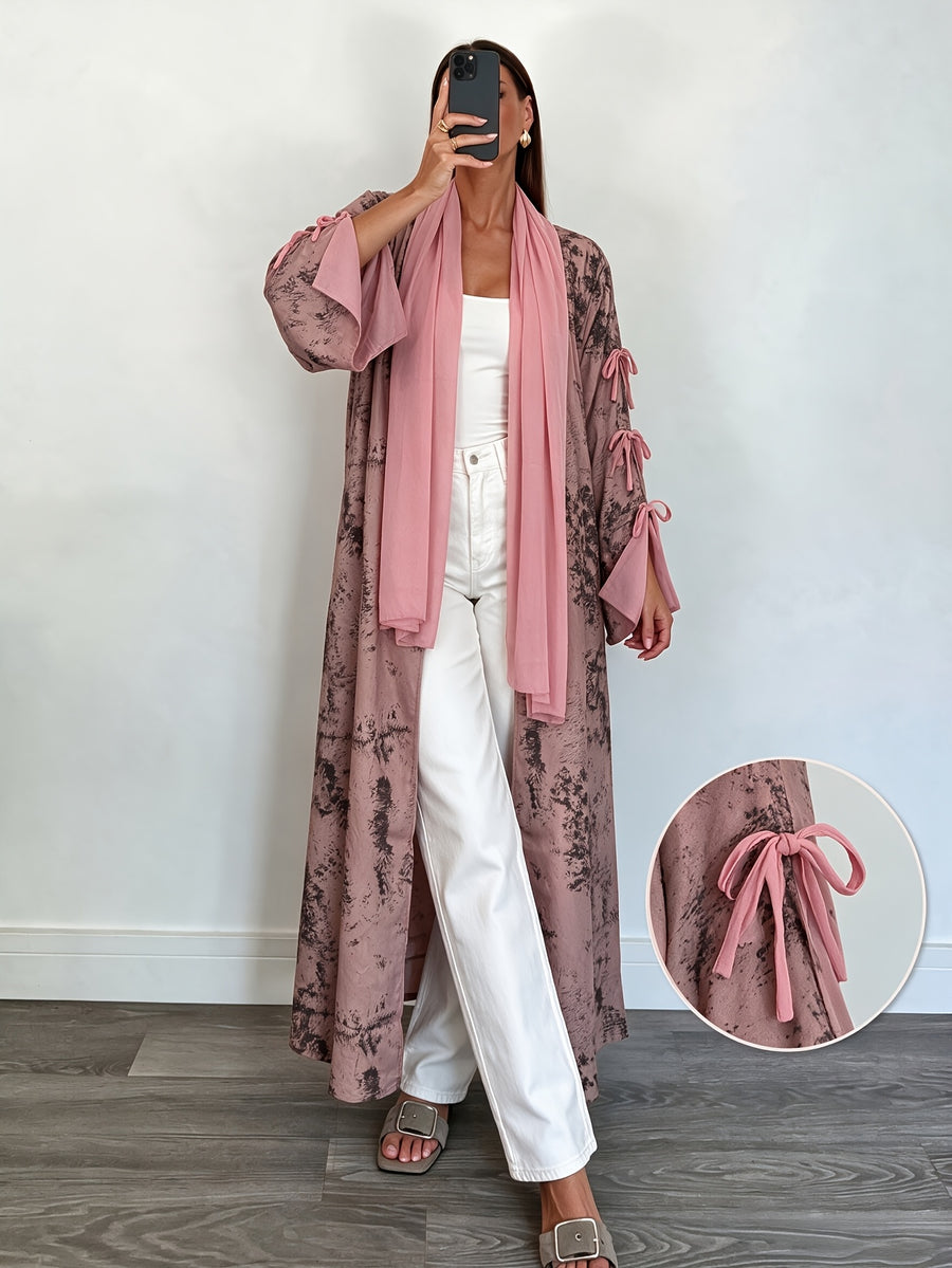 1 Set Women's Tie-Dye Print Open Front Long Kimono Cardigan, Flare Sleeve with Side Bow Detail Maxi Cover-Up, Modest Dubai Abaya Outerwear for Daily and Vacation Wear, Ink Wash Tie-Dye Print Long Open Abaya Kimono, Bell Sleeve with Side Self-Tie Bow - Pink