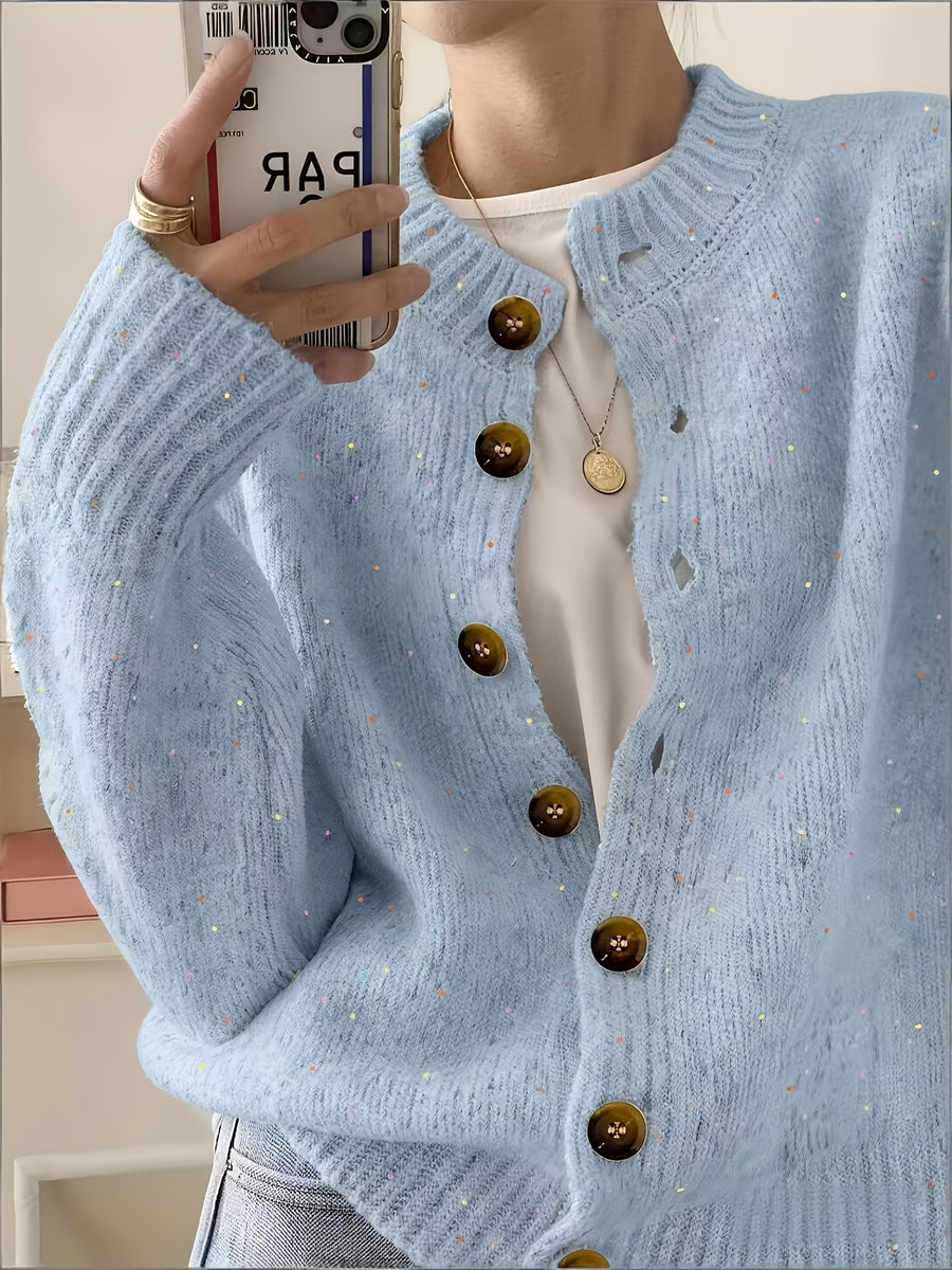 Women's Casual Colorful Button-front Cardigan with Soft Long Sleeves, Round Neck, Light-weight Fashion Candy-colored Dot Pattern, Casual and Elegant Garment | Stretch Fabric Cardigan Suitable for Casual Attire - Light Blue