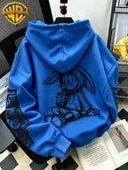 [Warner Bros] Licensed Men'S New Trendy Hoodie Sitting Drinking Milk Tea Rabbit Pattern Print Casual Hoodie, Daily Drawstring Loose Pullover Top, Machine Washable All-Match Sports Casual Men'S Top - Blue