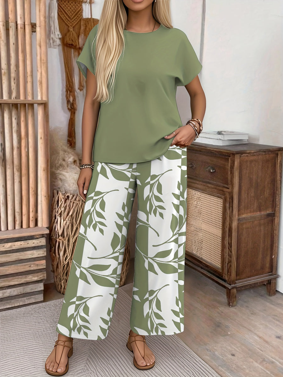 Women's Fashionable and Elegant 2pcs Set: Bat Sleeve Round Neck T-Shirt + Printed Stretch Waist Wide-Leg Pants, Essential for Daily Wear, Vacations, and Dates - Yellow-green