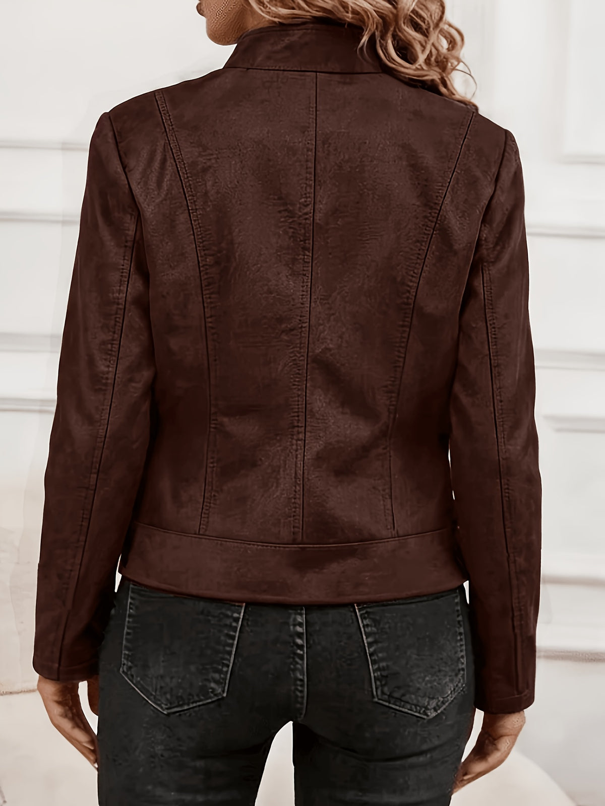 Plus Size Women'S Elegant Jacket - Soft Stretch Fabric, Metallic Zipper Design Spring/Autumn Outerwear - Dark Brown