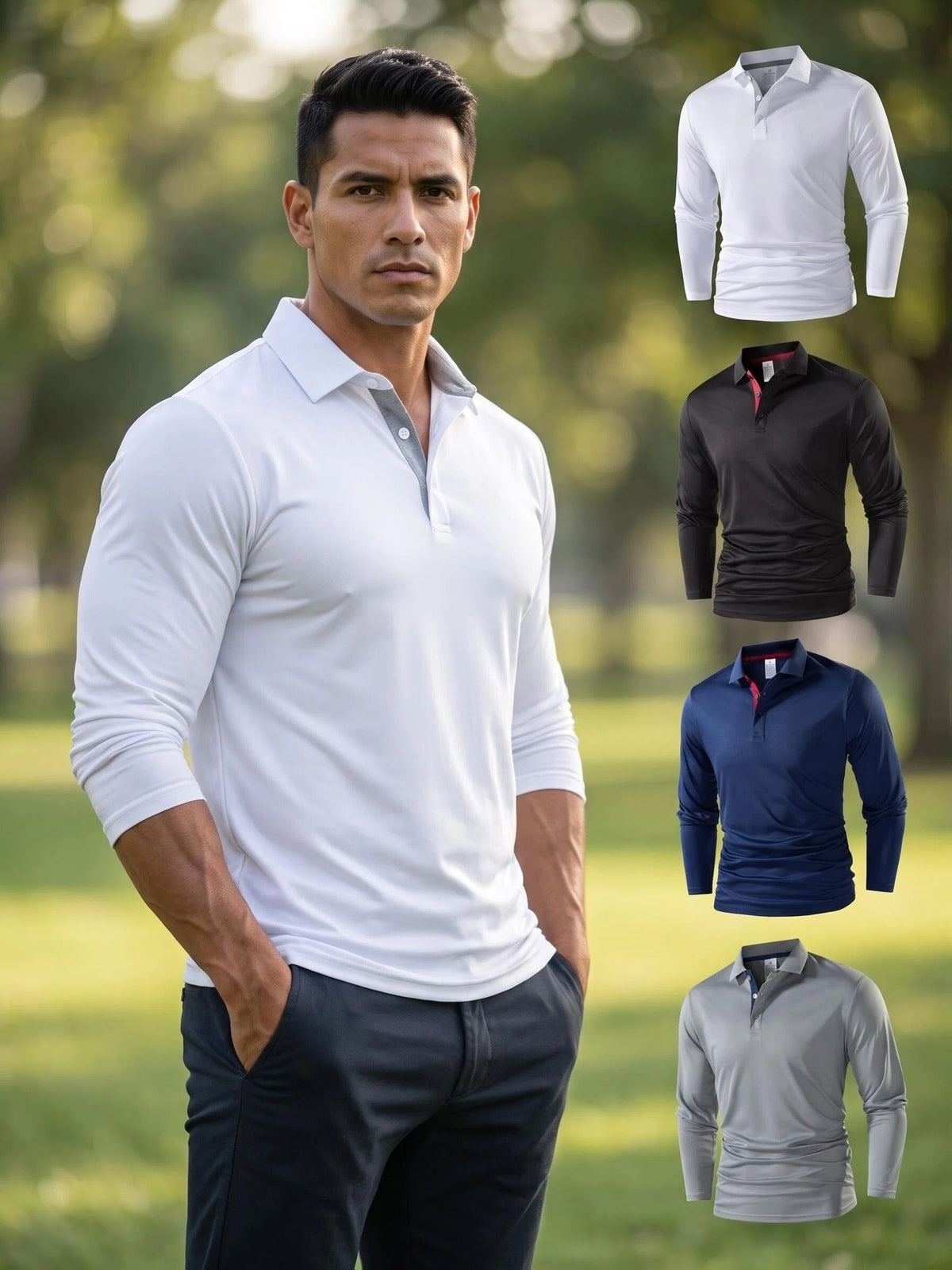 4pcs Set of New Men'S Thin Long-Sleeve Polo Shirts, 100% Fiber Fabric, Multi-Color Available, Classic Color-Block Design, Versatile And Fashionable, Men'S Golf Shirt, Polo Shirt, Polo Collar, T-Shirt, Sportswear, Knit - Black + Cyan + Gray + White