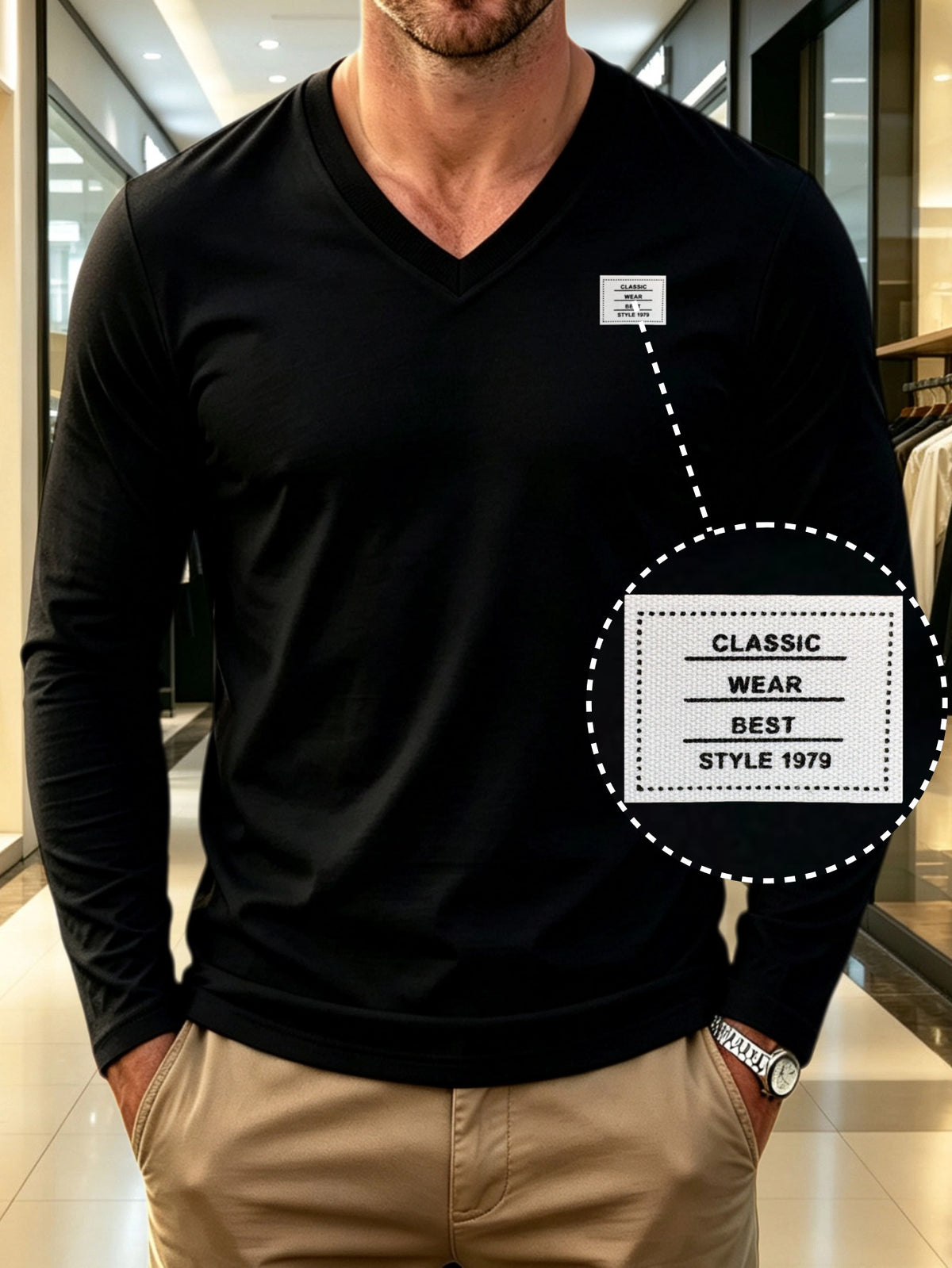 100% Cotton Men's V-Neck Long Sleeve Crewneck T-Shirt, Men's Knit Sweatshirt, Casual Sporty Outdoor Top, Versatile Men's Casual T-Shirt, Back-to-School Season, Gift for Friends - Black