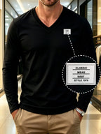 100%, Men'S V-Neck Long Sleeve Short-Sleeve T-Shirt, Men'S Knit Sweatshirt, Casual Sports Outdoor Top, Men'S Casual All-Match T-Shirt, Back to School Season, Gift for Friends - Black