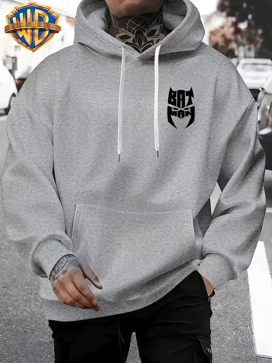 Casual Sporty Loose Hooded Sweatshirt, Retro Batman Comic Patchwork Cartoon Print, Men'S Casual All-Match Adjustable Drawstring Hoodie Comfortable Casual Autumn Winter Wear, for Sports, Outdoors, Picnics, Travel, Daily Home Wear - Light Grey