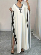 White Printed Long Robe Dress with a V-Neck, Arabic Style Beach Cover-Up for Women - White