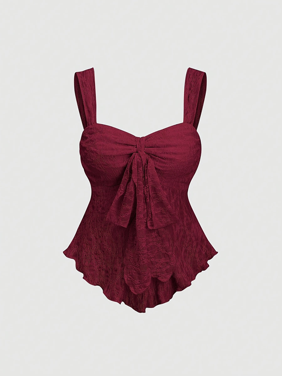 Women'S New Spring/Summer Wide-Strap Bow-Tie, Stretch Textured Fabric Top, Slim Fit, Sweet And Fashionable, Suitable for Dating, Daily Wear - Burgundy