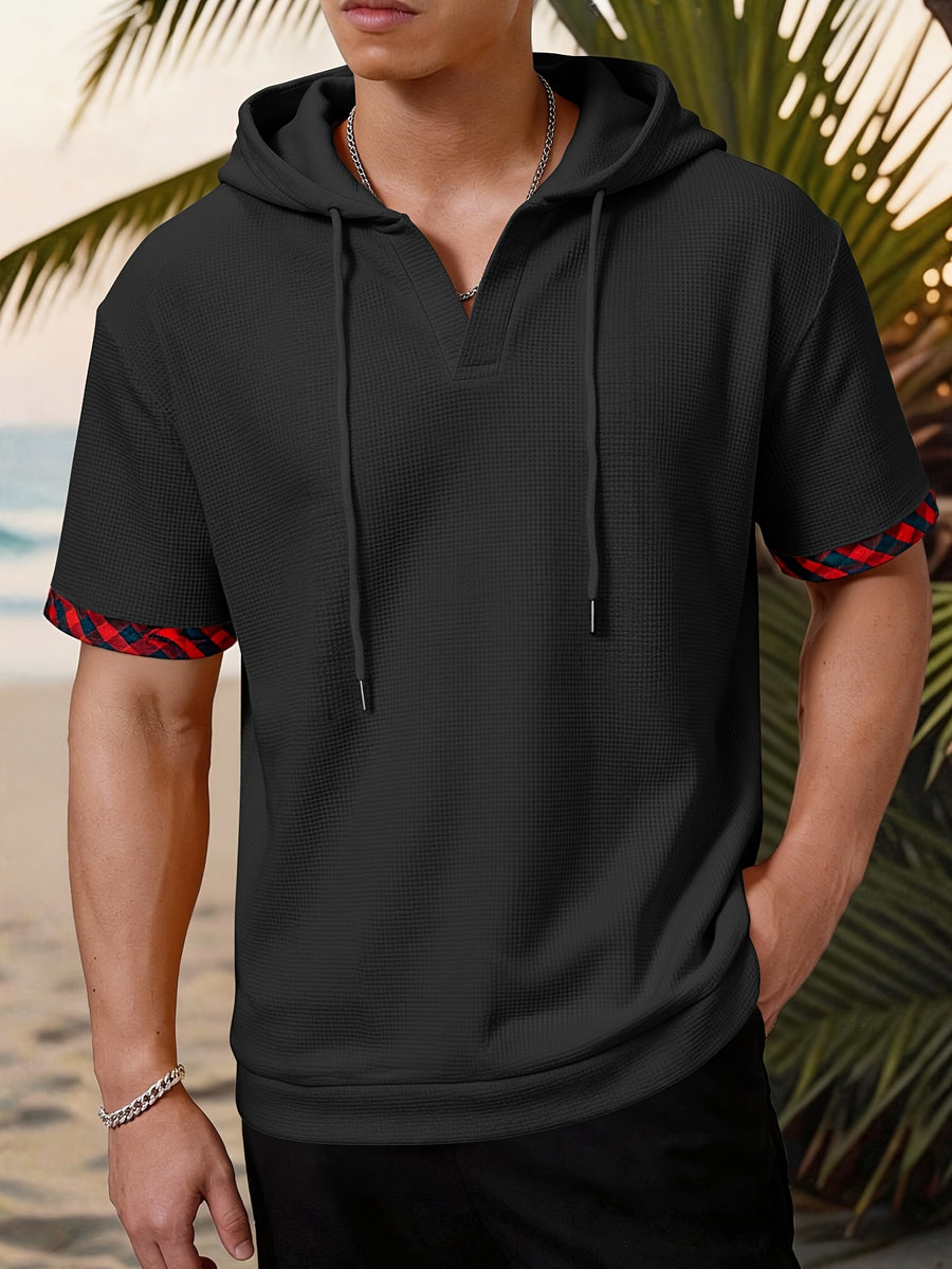 Men'S Waffle Knit Hooded Short Sleeve T-Shirt, Plaid Cuffs Henley Hooded Top, Summer Street Style Casual Wear, Gift for Festive Occasions - Black