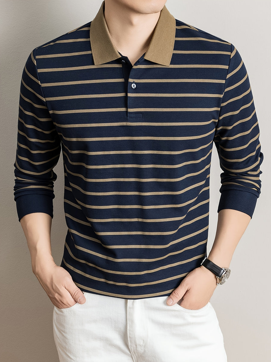 2026 Autumn Men's Long-Sleeve Striped Casual Lapel Polo Shirt - Navy Color