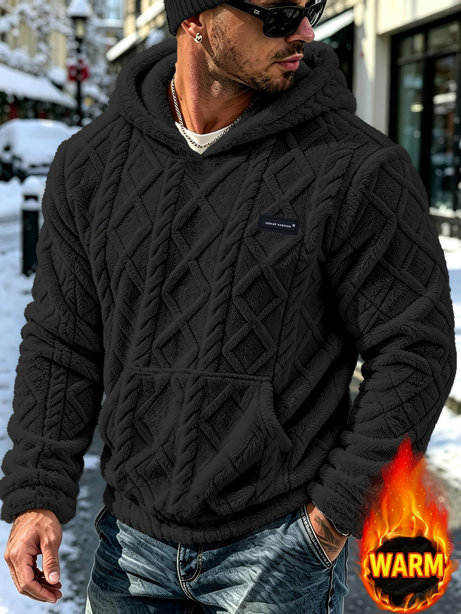 Men's Winter Casual -Lined Warm Hooded Sweatshirt, Soft Pullover with Large Pocket, Cable Knit Texture, Loose Fit, Suitable for Travel, Vacation, Outdoor, Streetwear, Daily Commuting, and as a Gift Option - Black