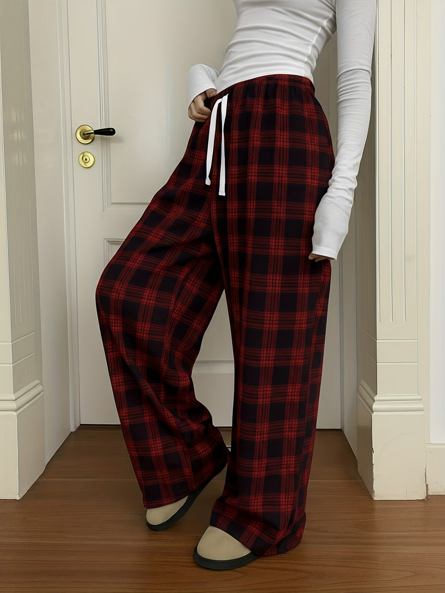 Women'S Plaid Print Loose Wide Leg Pants | Casual Drawstring Elastic Waist, Suitable for Fall/Winter Weekend Outings - Red
