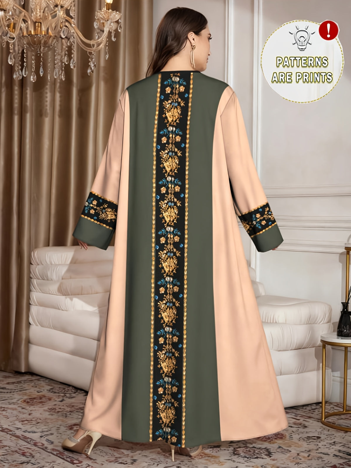 Women's Middle Eastern/European Ethnic Robe Dress - V-Neck -Line Maxi Dress with Arabic/Najdi Suitable for Daily Wear, Commuting, Parties | Loose Fit Long Sleeve Dress for, Hajj, Ramadan | Traditional Dress - ginger-colored