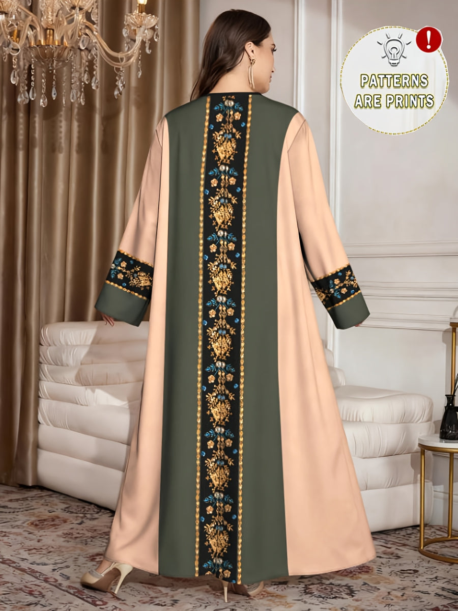 Women's Middle Eastern/European Ethnic Robe Dress - V-Neck -Line Maxi Dress with Arabic/Najdi Suitable for Daily Wear, Commuting, Parties | Loose Fit Long Sleeve Dress for, Hajj, Ramadan | Traditional Dress - ginger-colored