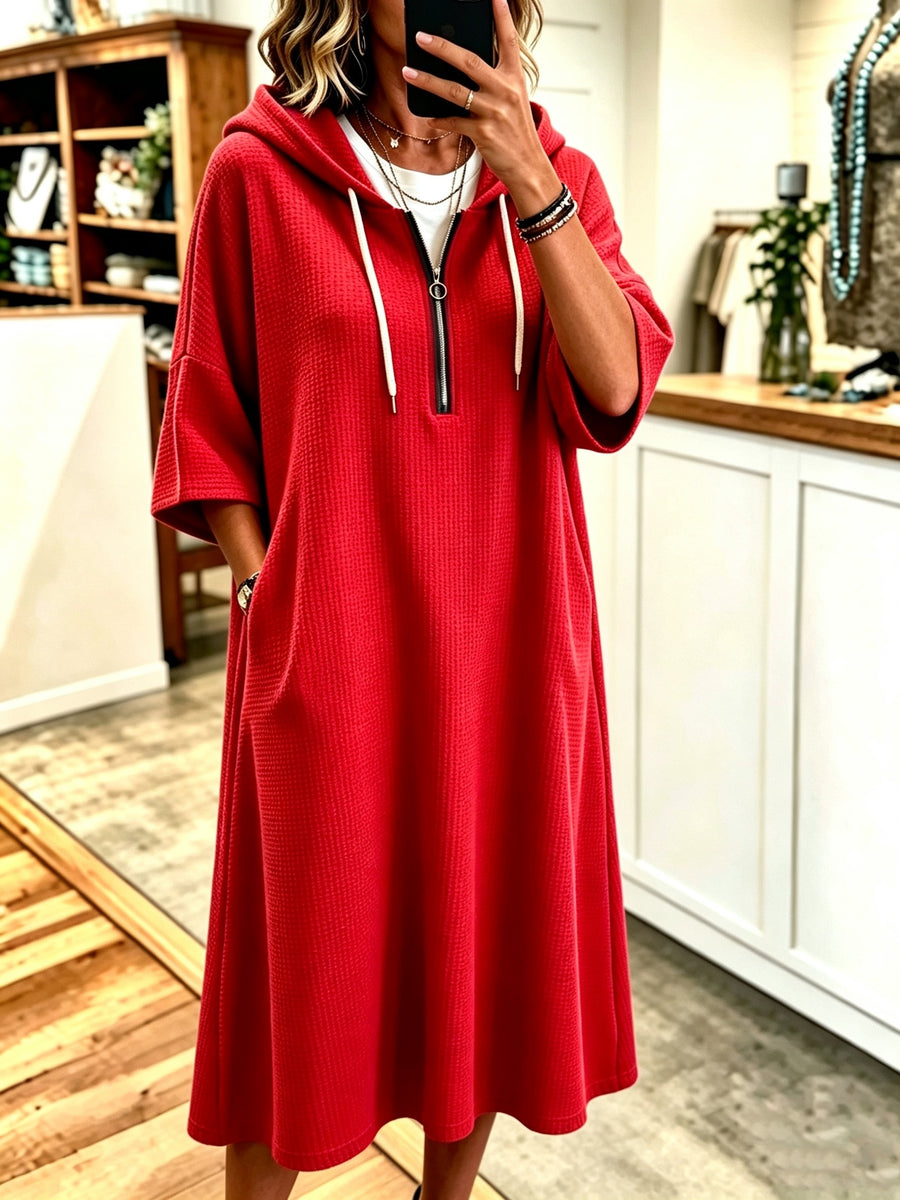 Plus Size - Spring Autumn New Waffle Half-Zip Hooded Sweatshirt Dress Women'S Loose Plus Size Three-Quarter Sleeve Drawstring Pocket Mid-Length Casual Style Solid Color Pullover Dress - Red