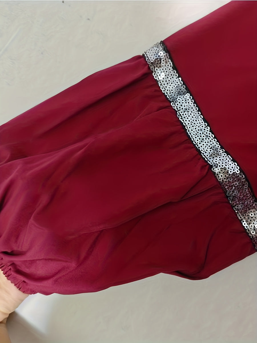Middle Eastern Long Sequin Patchwork Dress Gown - Deep Red