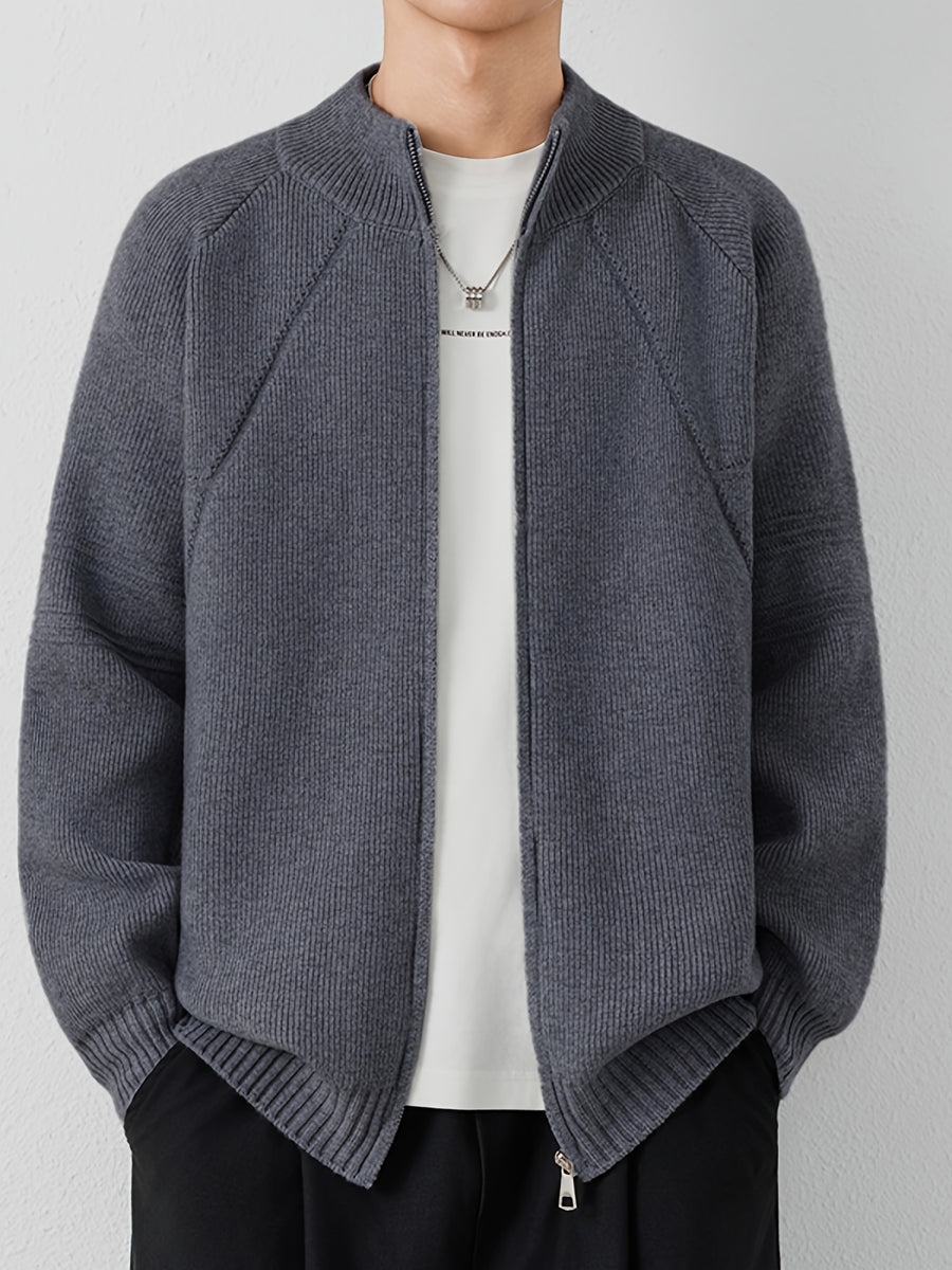 [Wading Whale OBM] 1pc Autumn Winter New Men'S Knit Cardigan, Old Money Style Textured Solid Color Round Neck Zipper Front Long Sleeve Sweater Vest Top, Men'S Casual Fashion, Suitable for Autumn And Winter Wear, Fits Daily Commute, Office Casual - Dark Gray