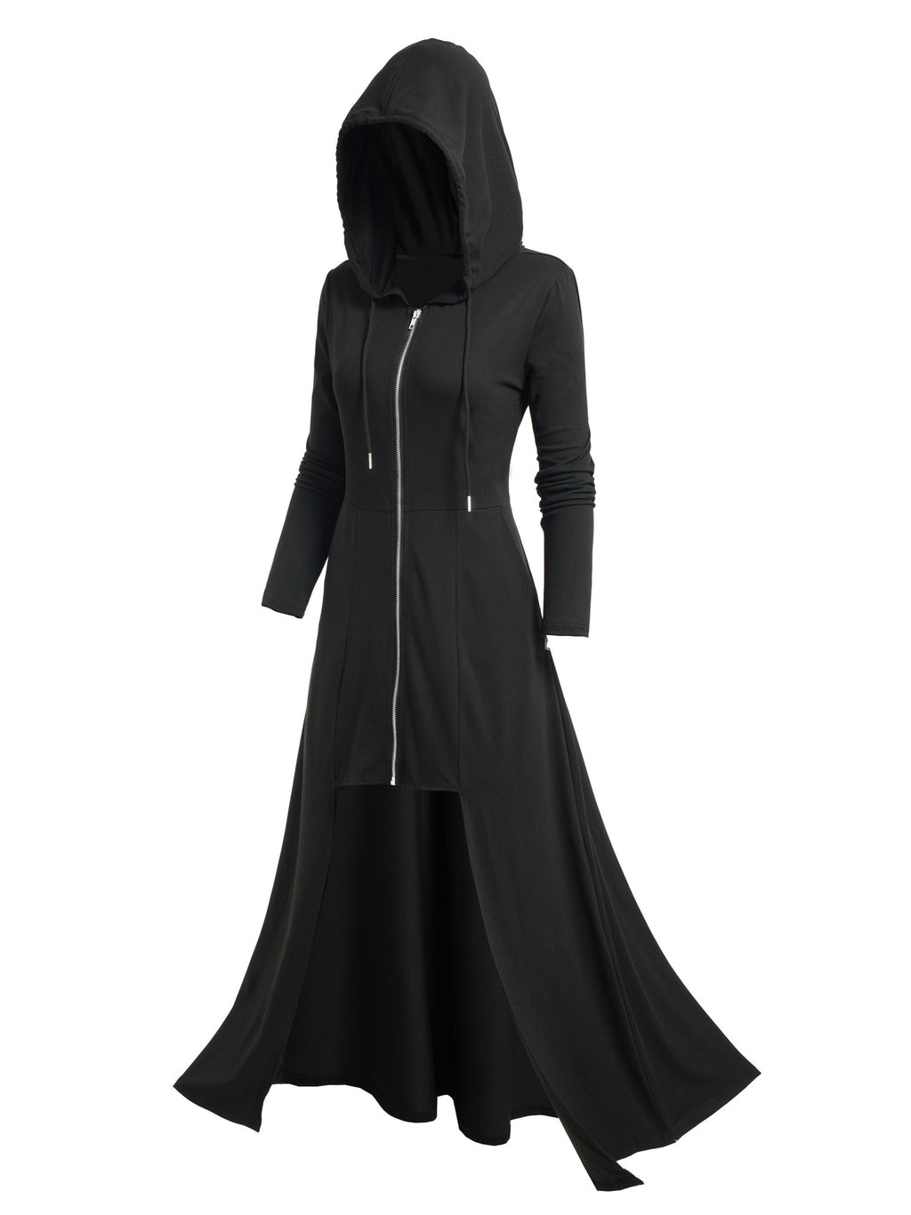 Gothic Ultra-Long Tailcoat Cardigan with Zipper And Hood, Pockets Included, Long Length Hooded Openable Zipper Jacket, Mysterious Ghost Coat, Enigmatic Hooded Ultra-Long Coat - Black