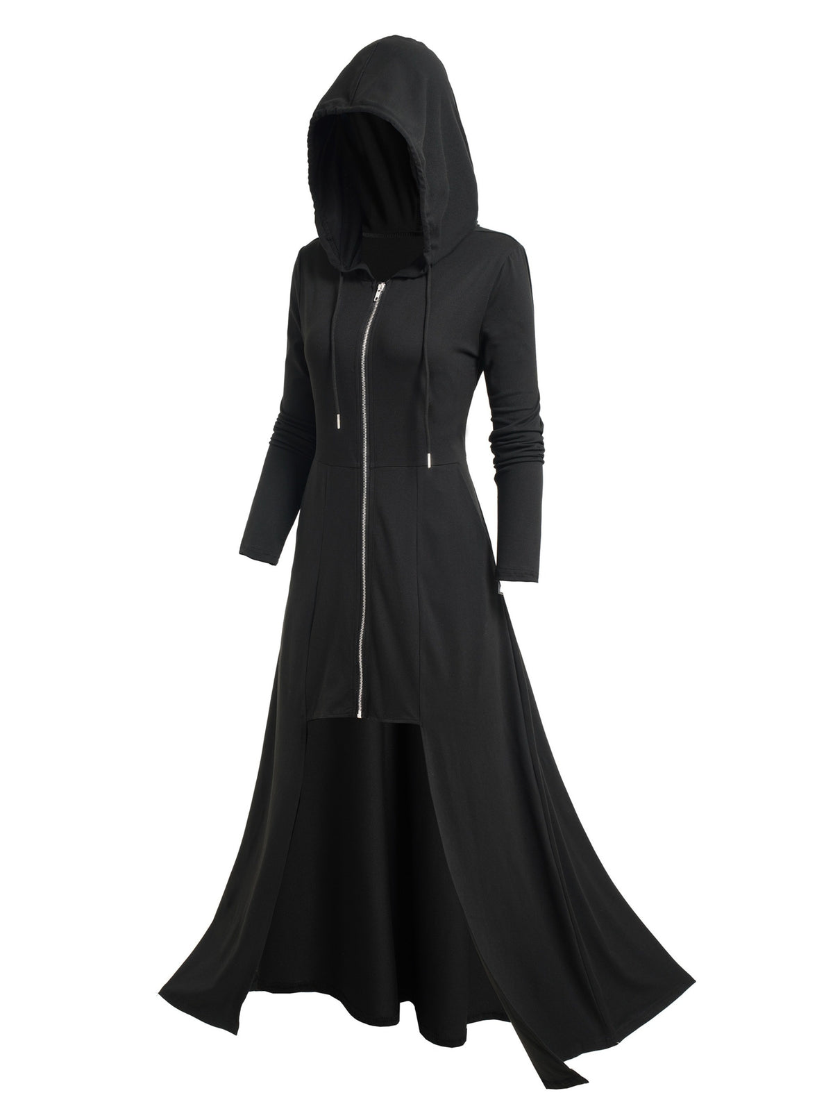 Gothic Ultra-Long Tailcoat Cardigan with Zipper And Hood, Pockets Included, Long Length Hooded Openable Zipper Jacket, Mysterious Ghost Coat, Enigmatic Hooded Ultra-Long Coat - Black