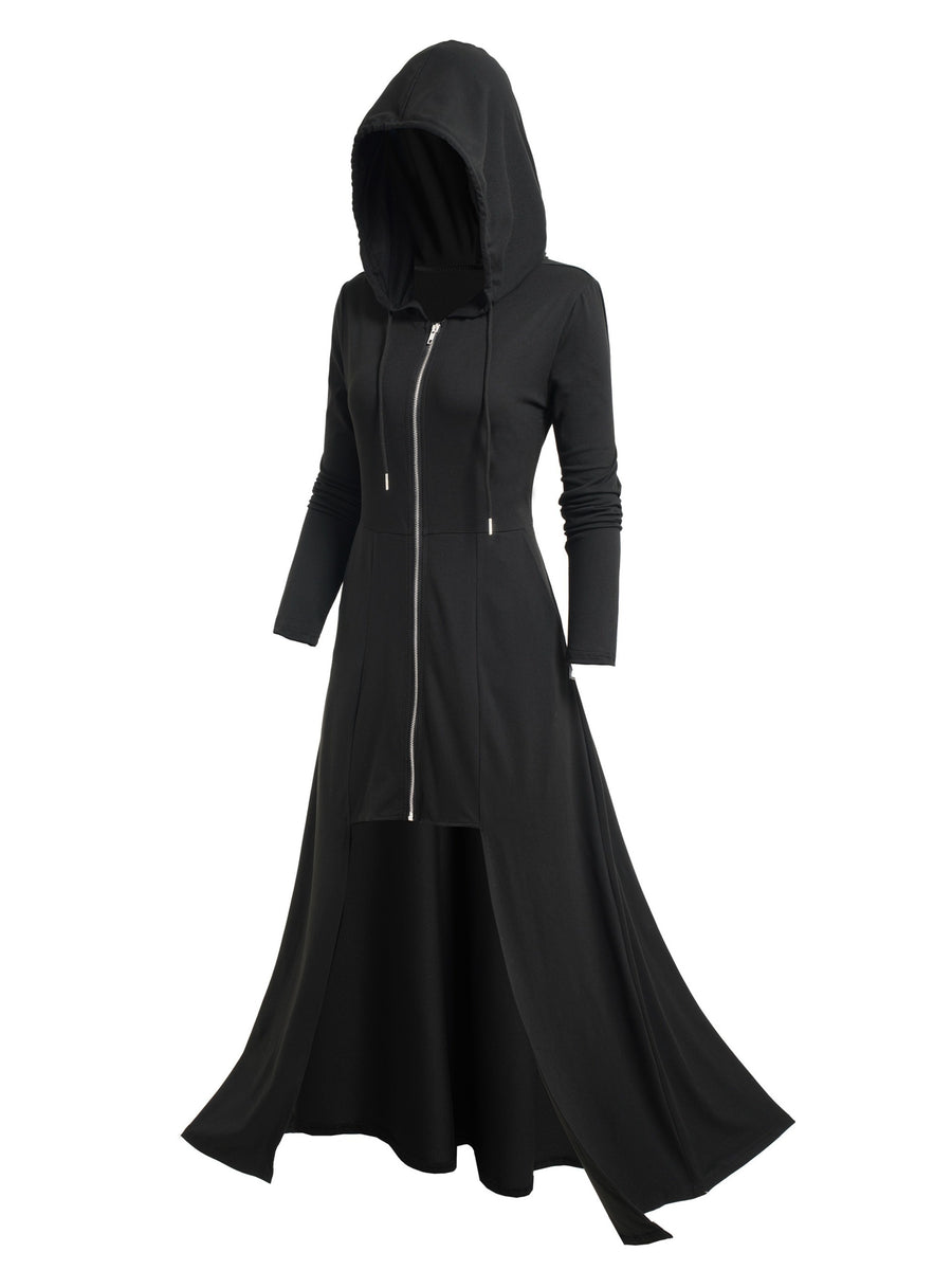 Gothic Ultra-Long Tailcoat Cardigan with Zipper And Hood, Pockets Included, Long Length Hooded Openable Zipper Jacket, Mysterious Ghost Coat, Enigmatic Hooded Ultra-Long Coat - Black