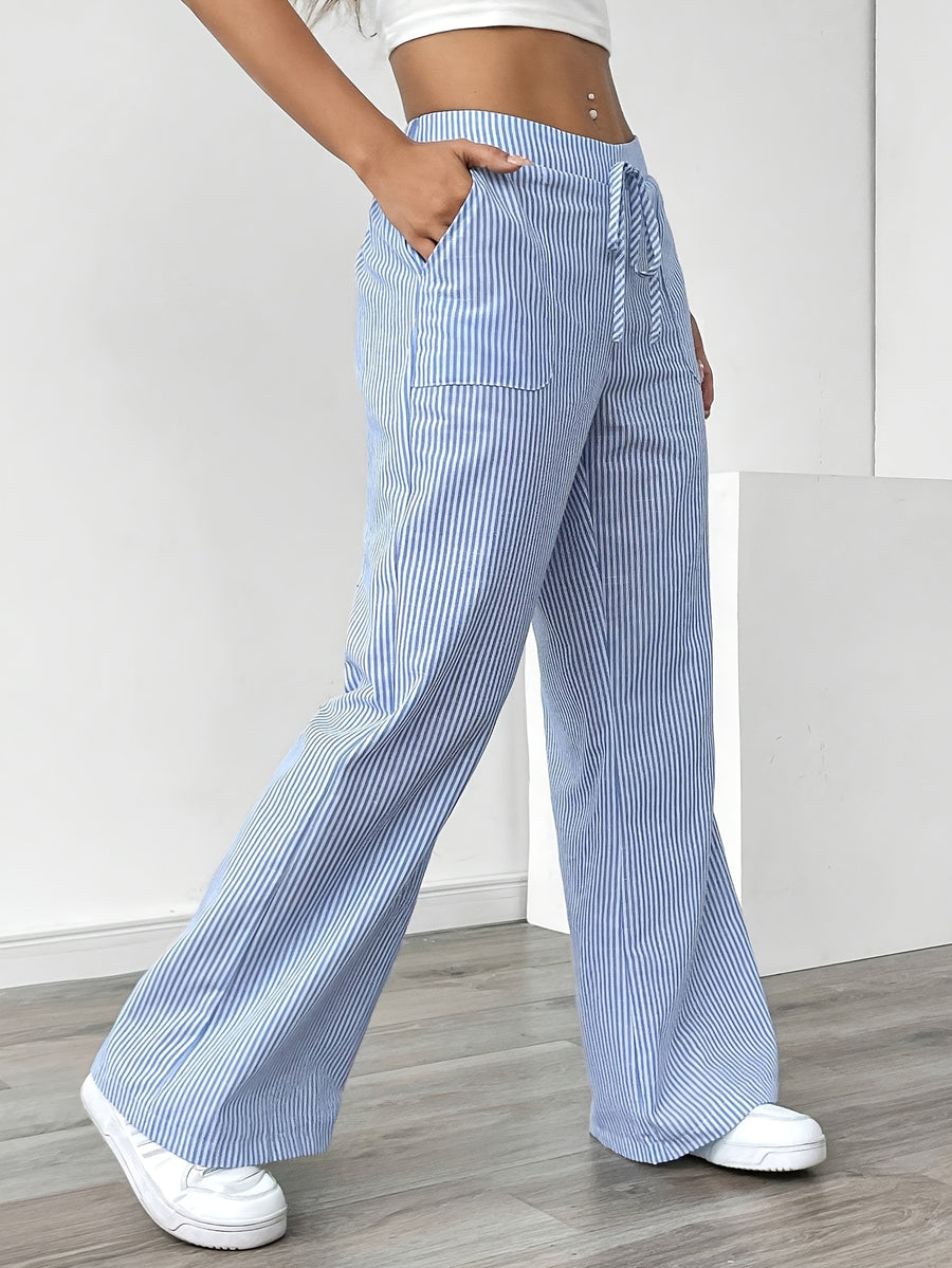 Women's French-Style Elegant Casual Commuter Striped Wide-Leg Pants, New Spring/Summer Loose Fashion Trousers with Pockets, Straight-Leg Versatile Style Zdz073103 - Sky Blue