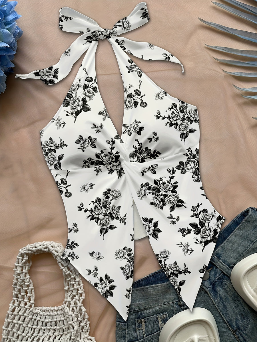 Women'S Spring/Summer Fall Boho Beach Vacation Outfits Marine Floral Leopard Print Trim Bustier Slim Fit Camisole Halter Top, Y2K Vintage Concert Outfit - Grey