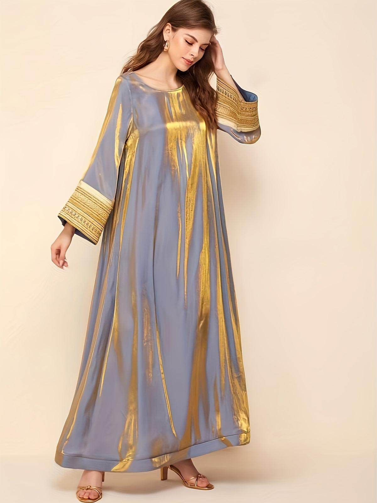 -Developed Golden Tape Spliced Sleeve Women'S Robe - gray + golden