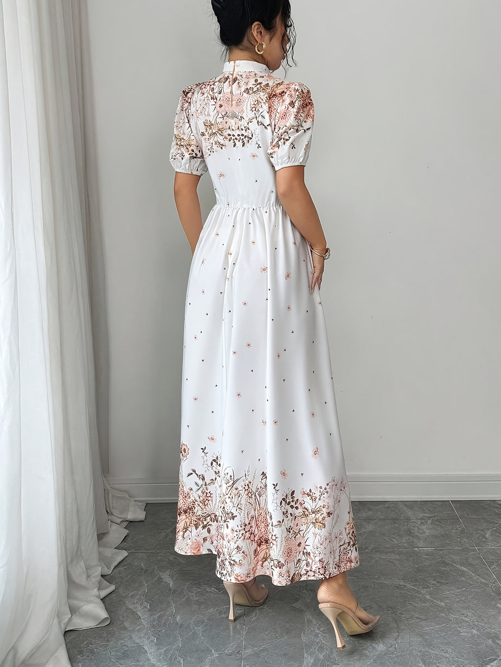 Women's New Summer Elegant Printed Waist-Cinching Puff Sleeve Dress - White
