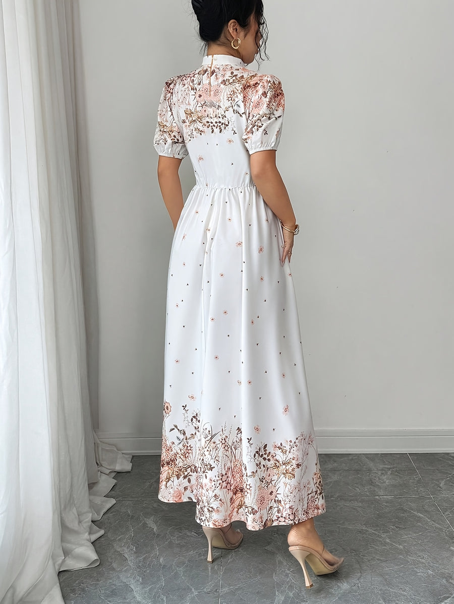 Women's New Summer Elegant Printed Waist-Cinching Puff Sleeve Dress - White