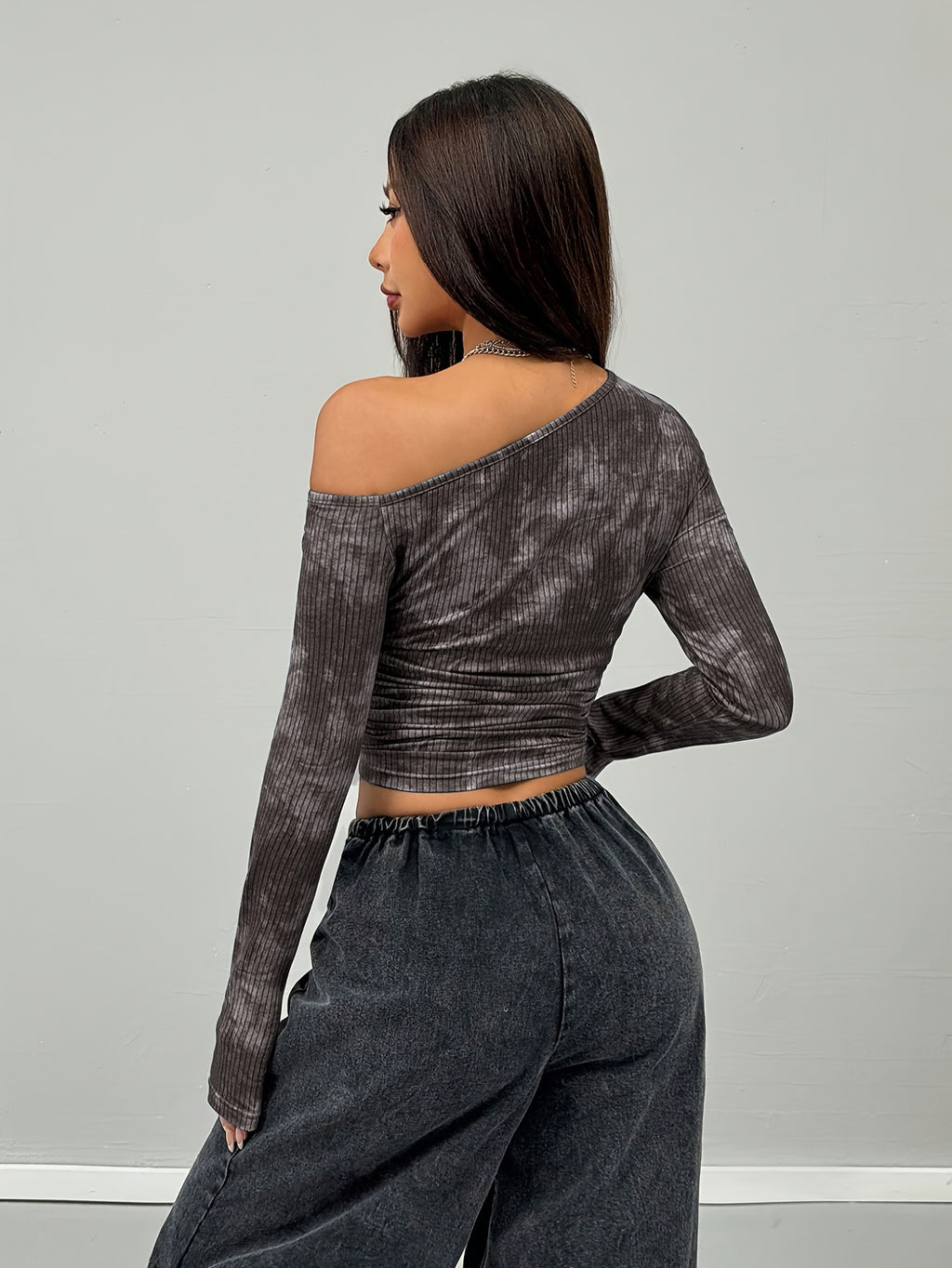 Women'S Top, Casual Wear Stretchy Comfortable Asymmetrical Neck Long Sleeve Blouse - Grey