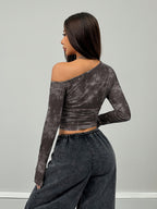 Women'S Top, Casual Wear Stretchy Comfortable Asymmetrical Neck Long Sleeve Blouse - Grey
