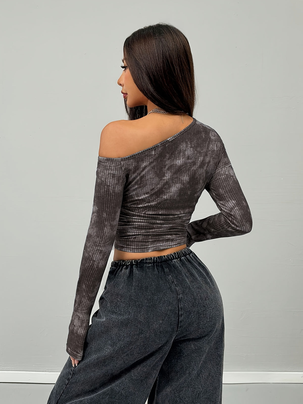 Women'S Top, Casual Wear Stretchy Comfortable Asymmetrical Neck Long Sleeve Blouse - Grey