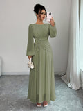 Women'S Elegant Temperament Casual Commute Vacation Round Neck Ruched Waist Tie-Belt A-Line Waist Long Sleeve Dress, Spring Autumn New - fern green