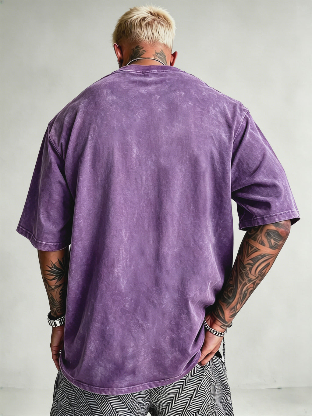 Men's Heavyweight Short-Sleeve Washed Distressed Fashion Print Vintage-Washed Worn Design Streetwear Trendy Distressed Design European and American High Street Style Summer Simple Versatile Gym Workout Sports Top Cotton Breathable - Purple