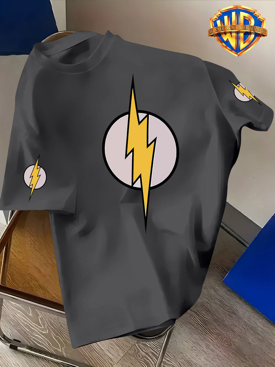 Warner Bros. Official Licensed DC Co-Branded The Flash Themed Printed T-Shirt, American Vintage Streetwear Washed Distressed Texture, Loose Fit Versatile Style, Suitable for Daily Outings and Outdoor Wear, Durable and Resistant to Deformation - Dark Gray