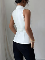 Women'S Stylish Sleeveless Blazer with an Asymmetrical Hem - White