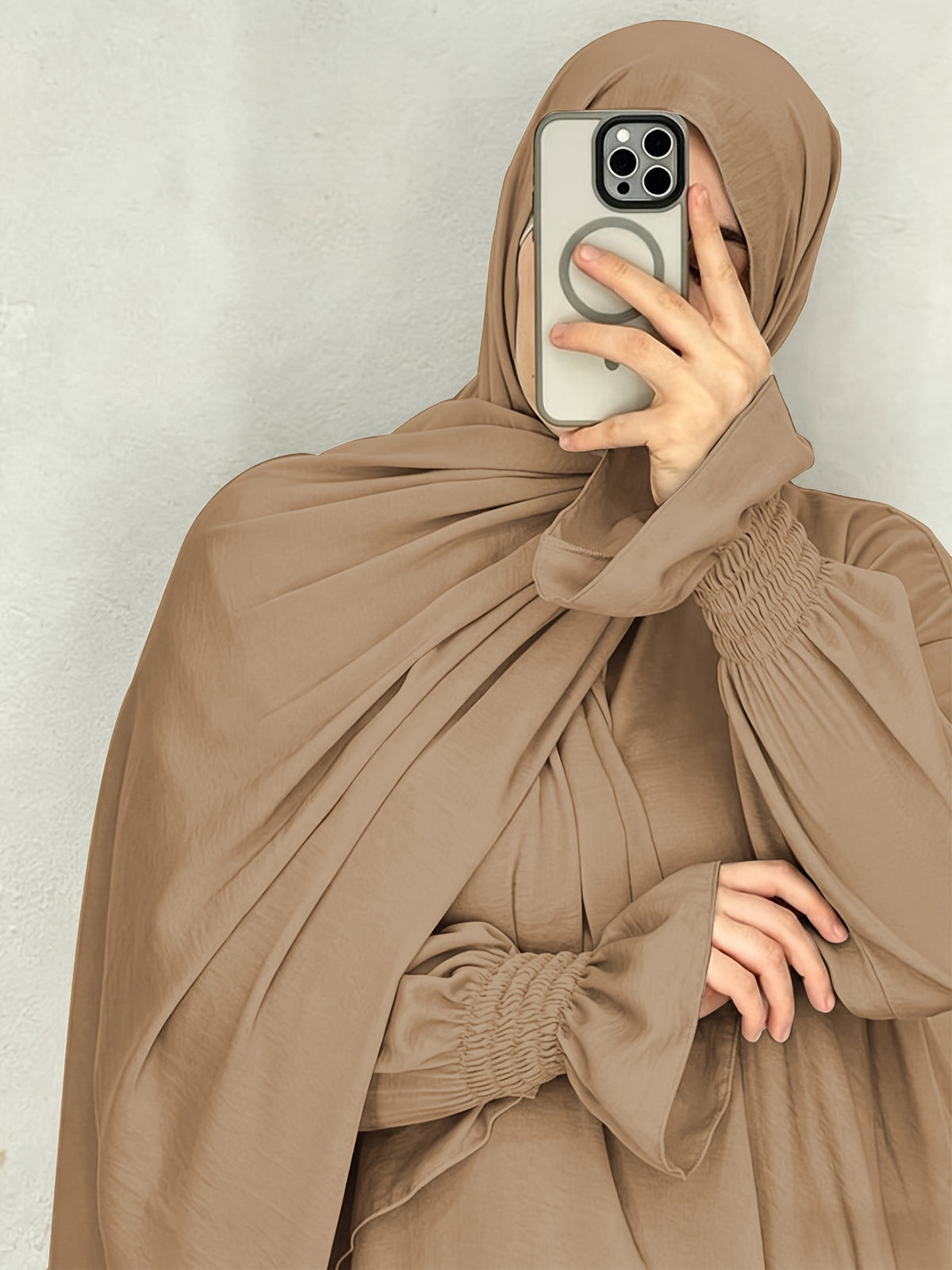 1pc Ice Wrinkled Fabric Scarf And Robe Abaya Khimar Loose Cuff Design Easy Fashion Suitable for Women'S Daily Wear And Prayer All Seasons - Khaki