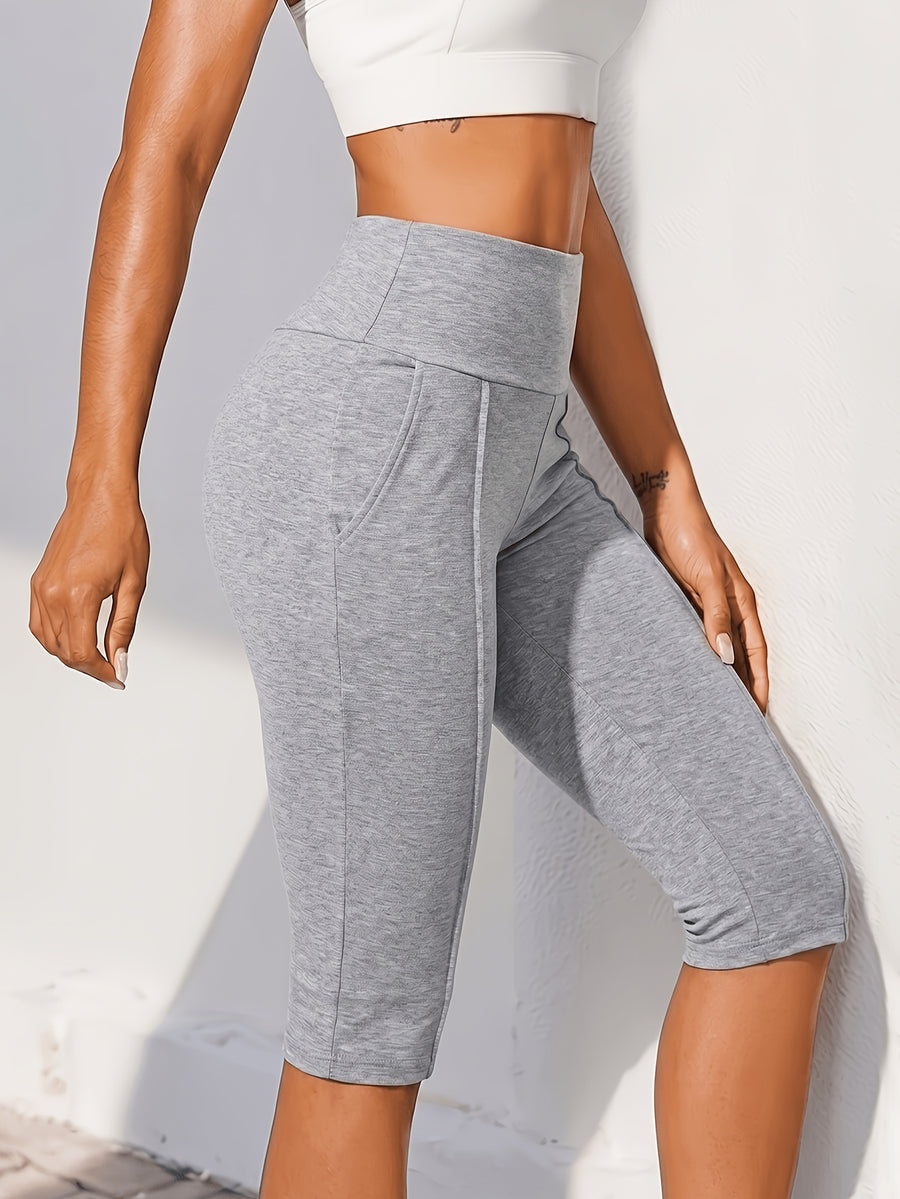 An Elegant High-waist Butt-lifting Cropped Pants, High-stretch Banded Pocket Tight-fitting Fitness Pants, Stretchy and Loungewear Pants for Women - Light Grey
