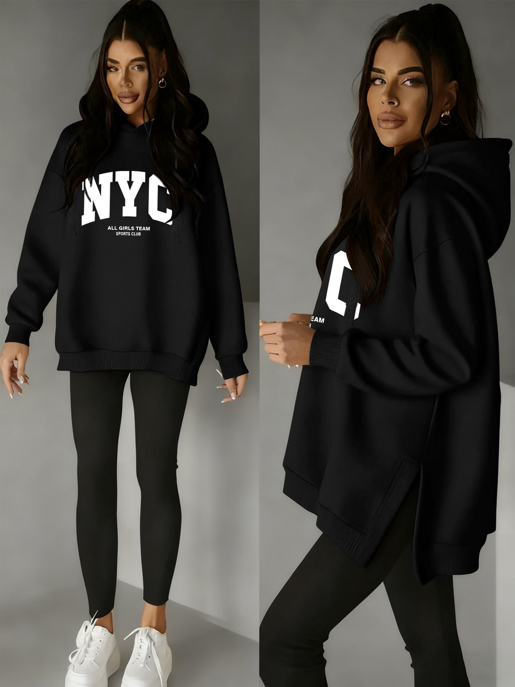 Women'S Stylish Hoodie with Side Slits And Drawstring for Autumn And Winter, Perfect for And Casual Wear, Featuring Cute Prints And a Comfortable Fit, Available in Multiple Colors - Black