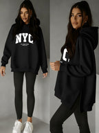 Women'S Stylish Hoodie with Side Slits And Drawstring for Autumn And Winter, Perfect for And Casual Wear, Featuring Cute Prints And a Comfortable Fit, Available in Multiple Colors - Black