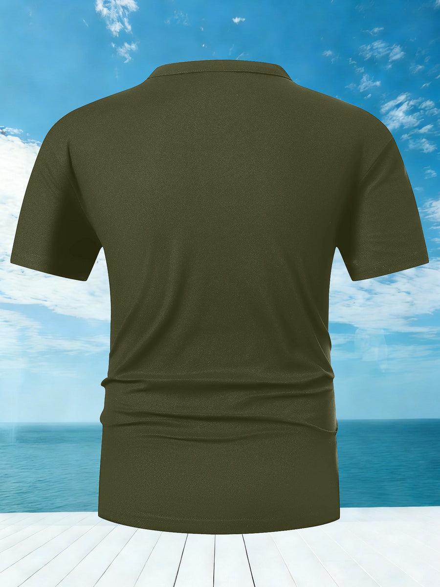 Men'S Summer Casual Short-Sleeve T-Shirt Featuring a Easy White Line Design, Breathable Round Neck with a Henley Button Front, Regular Fit Suitable for Outdoor And Everyday Wear, Men'S Short-Sleeve Henley Shirt - Army Green