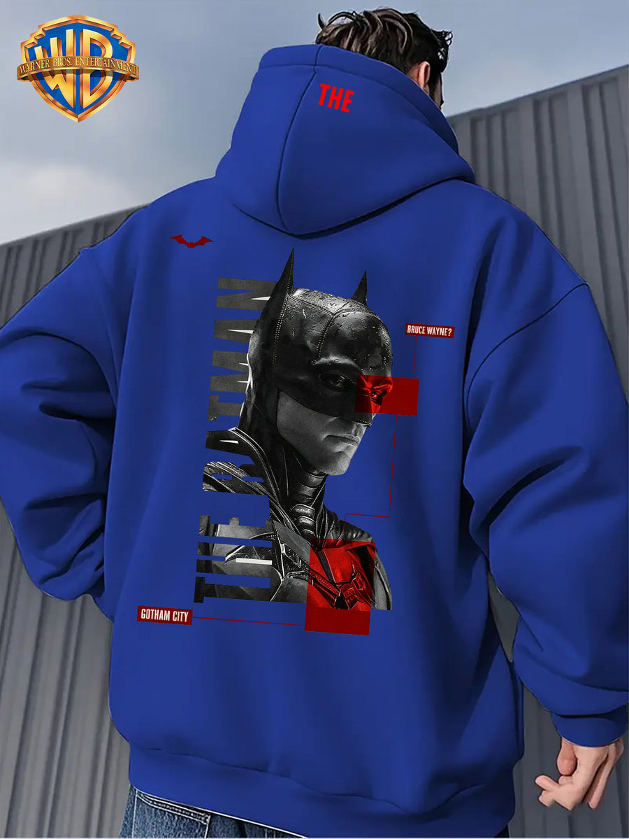 Warner Men'S Autumn Winter Hoodie, Batman Theme Print Trendy Sweatshirt, Gotham City Series Athletic Preppy Design, Unisex Street Fashion Item for Casual Wear And Leisure Travel, Popular Element Enhancement - Blue