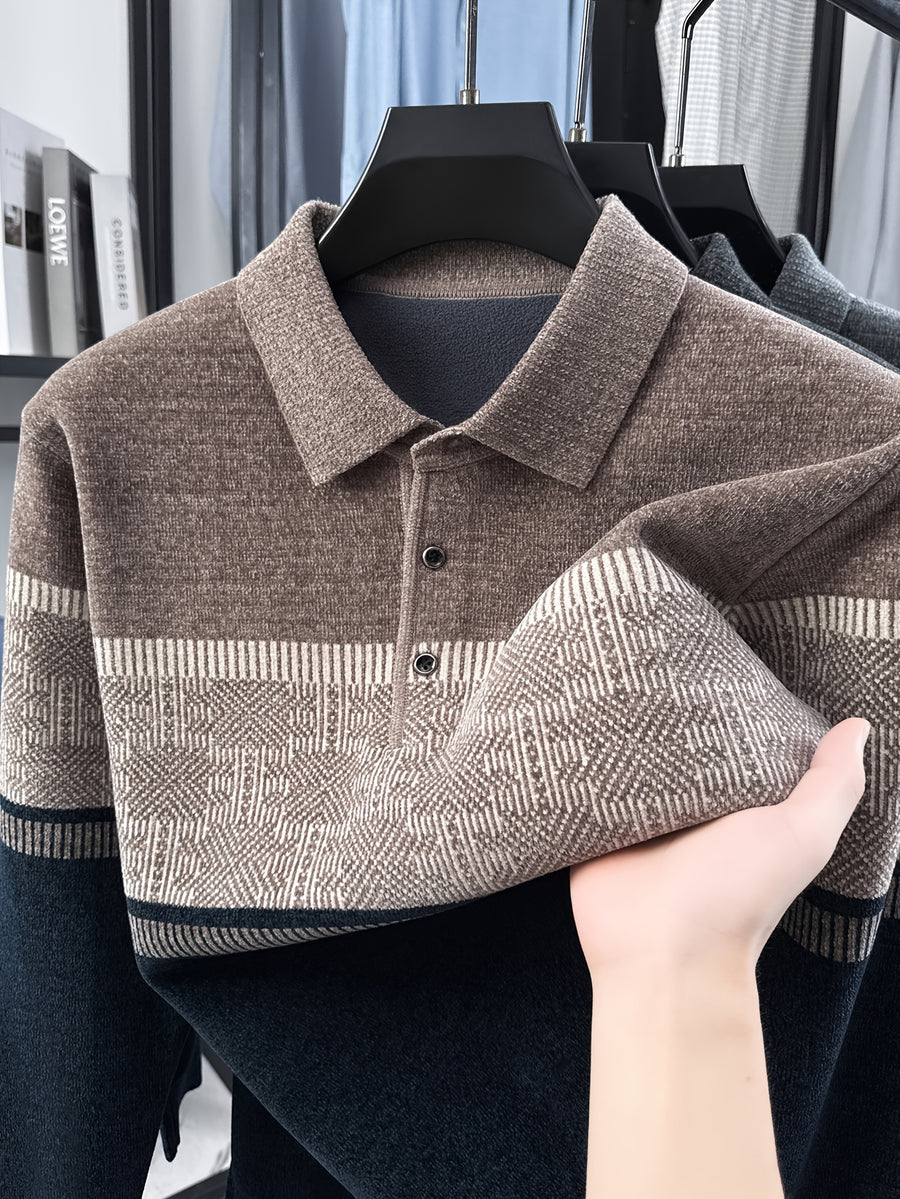 Men's Color-Block Knit Pullover, Casual Warm Autumn/Winter POLO Sweater - Camel Coffee