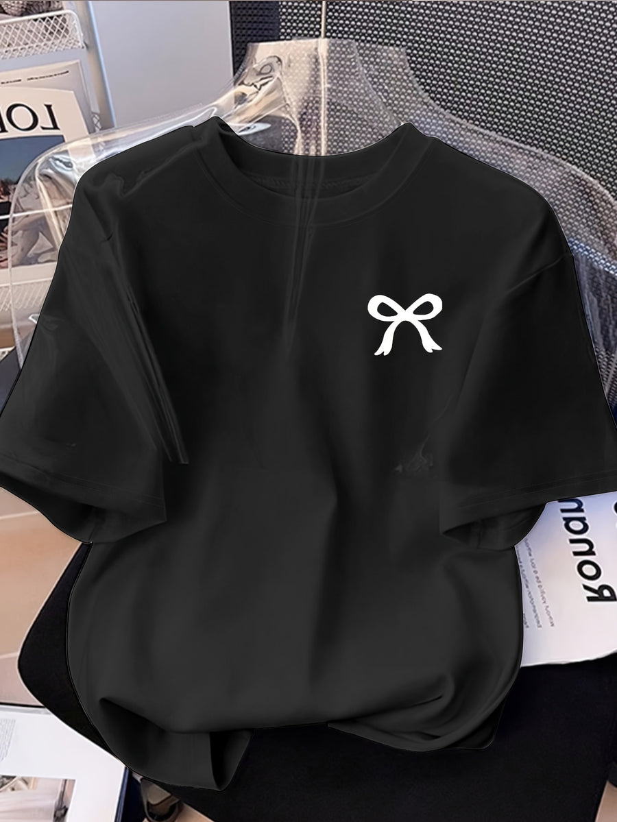 Graphic Print T-Shirt, Short Sleeve Crew Neck Casual Top for Summer & Spring, Women'S Clothing - Black