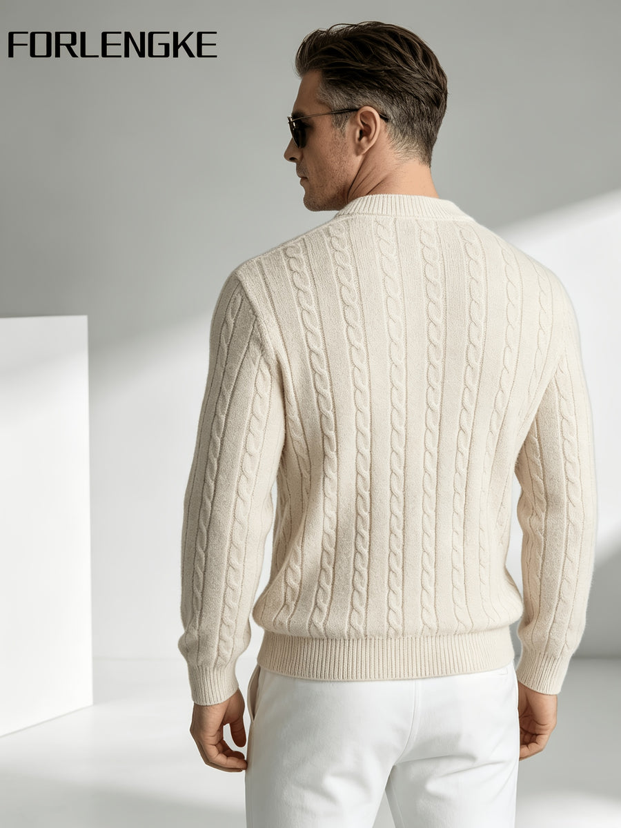 FORLENGKE Men'S Vintage Cable Knit Henley Sweater, Soft Warm Half-Button Pullover for Autumn Winter Daily Business Wear - Apricot