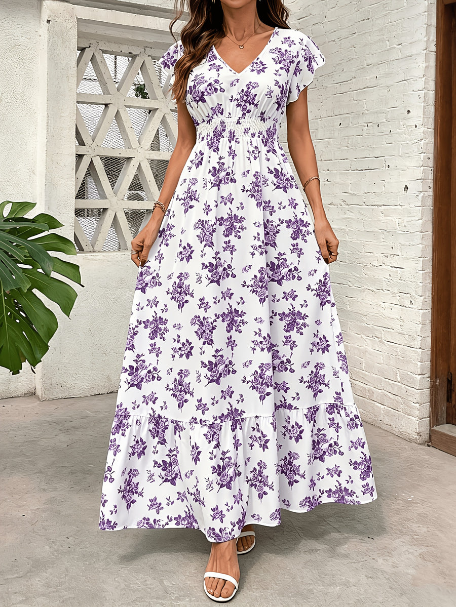Women'S Fashionable Elegant Casual V-Neck Printed Dress - Purple