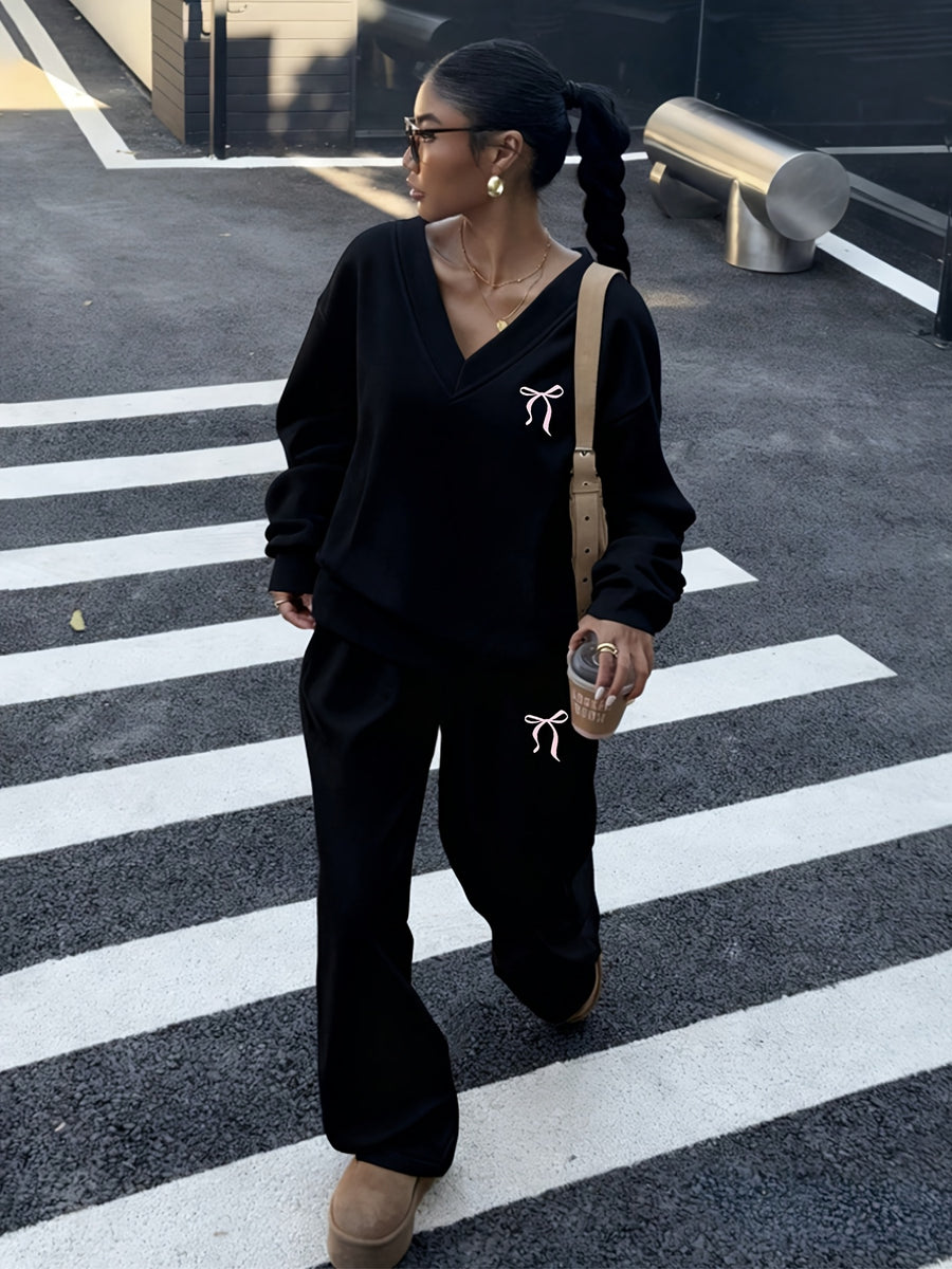 2pcs Women Bow Decor V-Neck Oversized Loose Sweatshirt And Sweatpants Set, Casual - Black+black