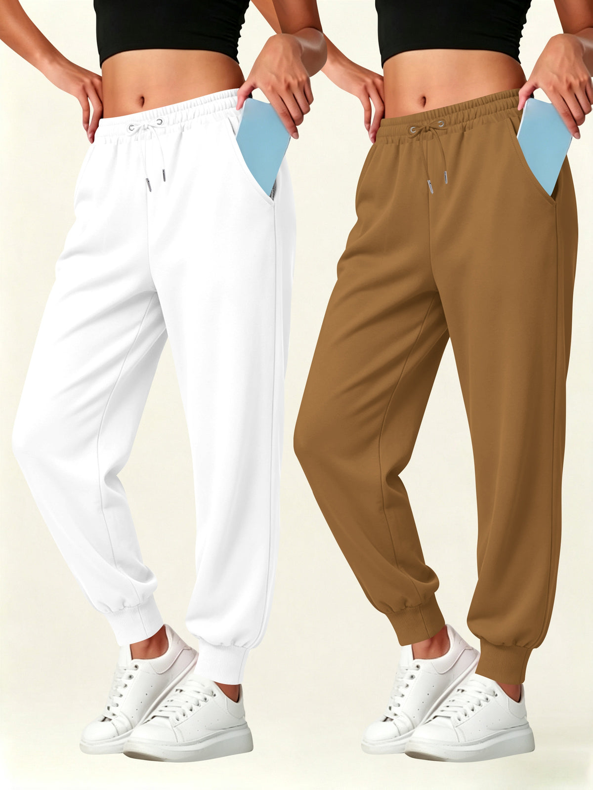 2pcs Set Autumn-Winter Women's Casual Pants with Pockets - White+Brown