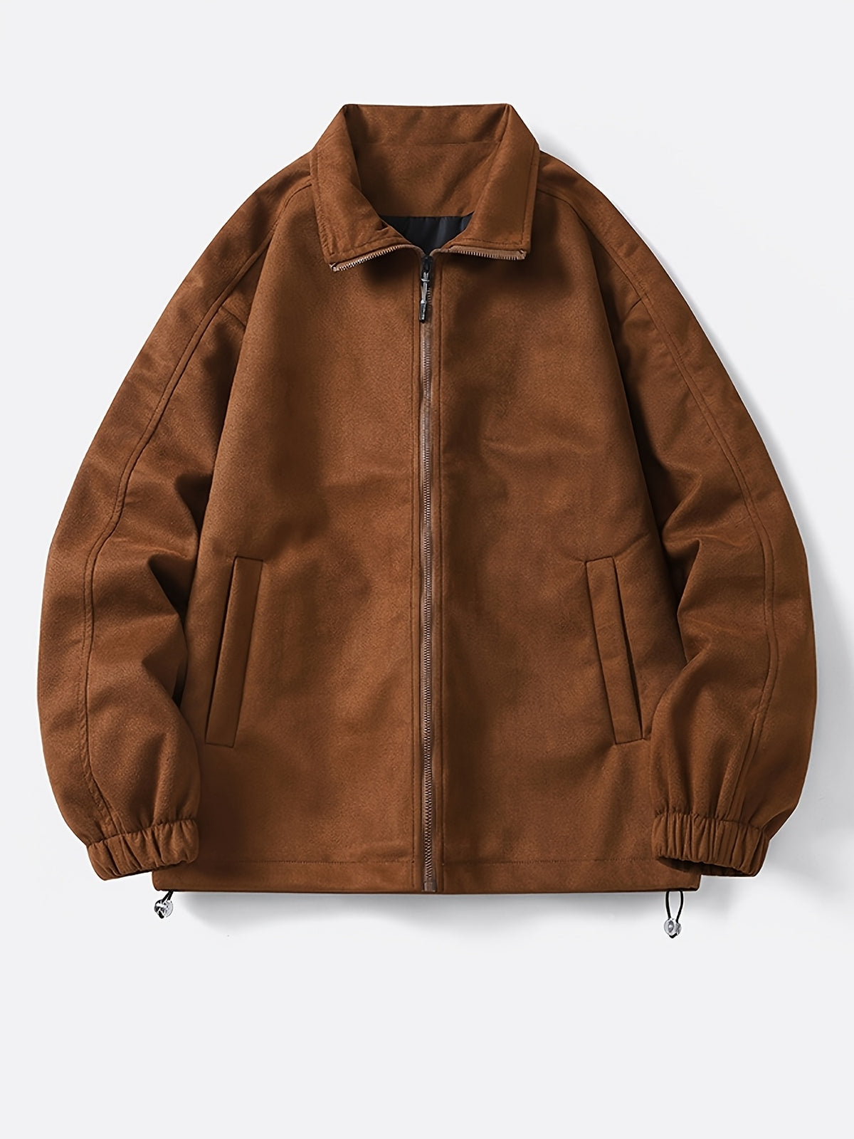 Men's Solid Color Stand Collar Zipper Jacket, New Spring/Autumn Simple Casual Workwear Outerwear, Loose-Fitting Versatile Fashion Top with Inner Pockets, Elastic Cuffs and Hem, Men's Daily Commuter Jacket - Coffee Color