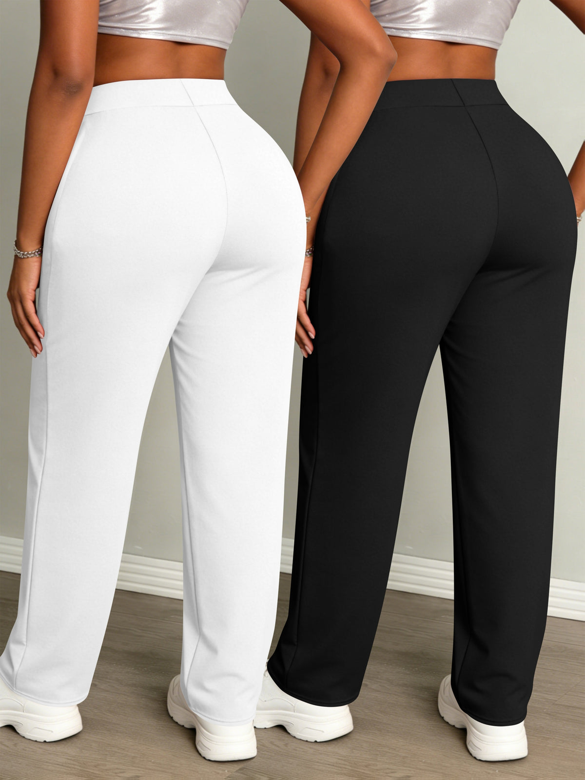 Women's Fashion Daily 2pcs Set, Comfortable Loose-Fit Solid Color Drawstring Waist Wide-Leg Sweatpants - Black+White