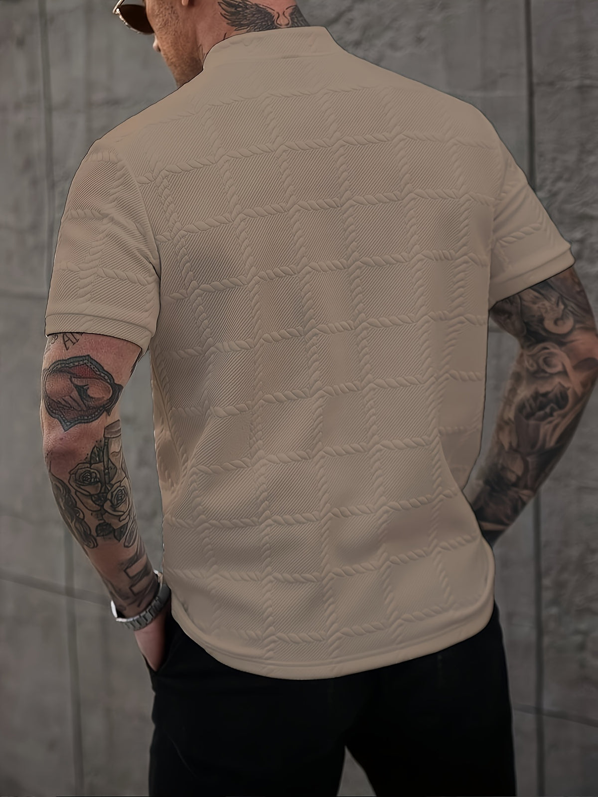 New Cross-Border Men'S Fashion Summer Casual Sports Short-Sleeved Small Stand-Up Collar Henley Shirt - Khaki